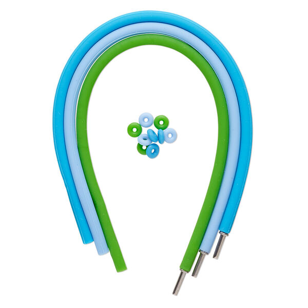 Bracelet cord, silicone and stainless steel, light blue / turquoise blue / green, 4mm round, 7-1/2 inches with pop-style clasp. Sold per pkg of 3. image number 0
