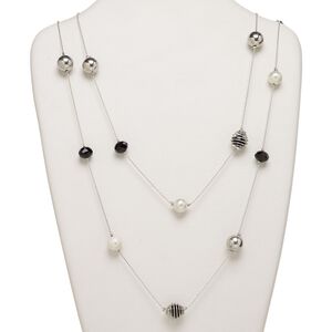 Necklace, imitation rhodium-finished brass and steel with glass, black, 14mm round, 56-inch continuous loop. Sold individually.