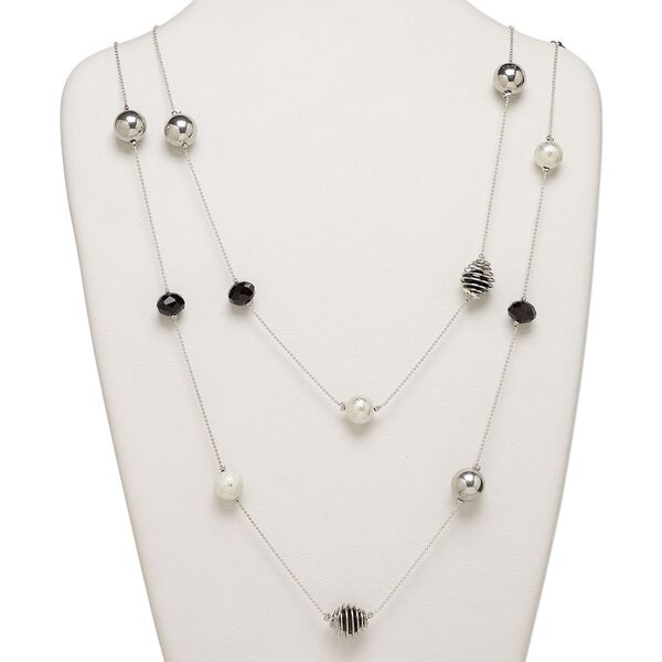 Necklace, imitation rhodium-finished brass and steel with glass, black, 14mm round, 56-inch continuous loop. Sold individually. image number 0