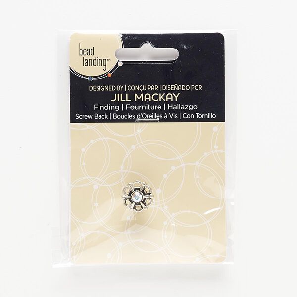 Component, silver-finished steel / "pewter" (zinc-based alloy) / glass, clear AB, 13mm snowflake flower with screw fastener. Sold individually. image number 0
