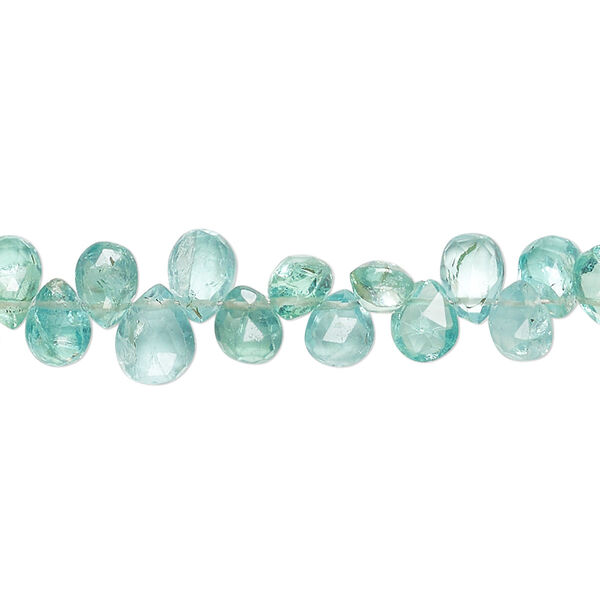 Bead, blue-green apatite (natural), 5x4mm-7x5mm hand-cut top-drilled faceted puffed teardrop, C+ grade, Mohs hardness 5. Sold per 8-inch strand, approximately 60 beads. image number 0