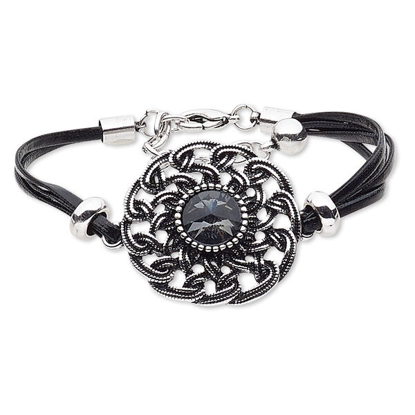 Bracelet, 4-strand, leather (dyed) / glass / silver-coated plastic / silver- / antique silver-plated steel / "pewter" (zinc-based alloy), black and grey, 38mm round, 8 inches with 2-inch extender chain and lobster claw clasp. Sold individually. image number 0