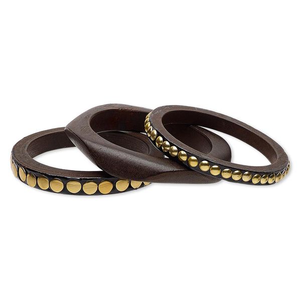 Bracelet, bangle, stained wood and gold-coated plastic, dark brown, assorted 8-14mm wide with wavy design and round studs, 8 inches. Sold per pkg of 3. image number 0