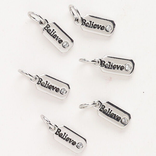 Drop "pewter" zinc-based alloy glass 6pk 10x5mm affirmation rectangle "Believe," antique silver finish clear image number 0