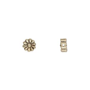 Bead, antique gold-finished "pewter" (zinc-based alloy), 6x6mm double-sided flat round daisy. Sold per pkg of 20.