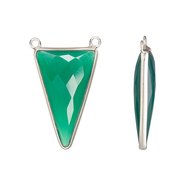 Connector, sterling silver and green onyx (dyed), 25x15mm hand-cut double-sided faceted triangle with 2 closed loops, Mohs hardness 6-1/2 to 7. Sold individually. image number 0