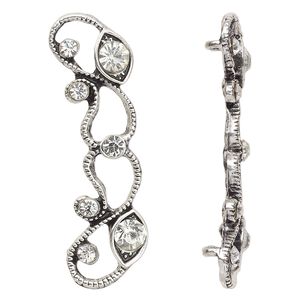 Spacer, antique silver-plated "pewter" (zinc-based alloy) and Czech glass rhinestone, clear, 45x13mm 2-strand with fancy design. Sold per pkg of 4.