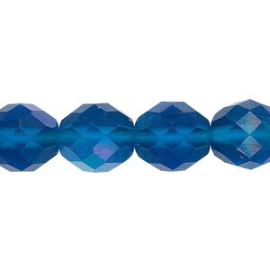 Bead, Czech fire-polished glass, pkg/15-1/2 to 16 inches, 12mm faceted round, translucent matte blue AB, (60080-28771).