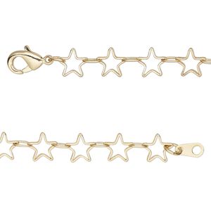 Chain, gold-finished brass, 6.5mm open star, 24 inches with lobster claw clasp. Sold individually.