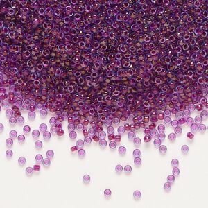 Seed bead, Miyuki, glass, pkg/250g, #15 rocaille, translucent fuchsia-lined luster aqua (RR-352).