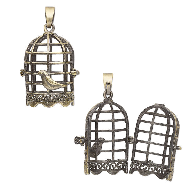 Focal, antique brass-finished brass, 30.5x21mm bead cage with bird cage design and safety latch, fits up to 18mm bead. Sold individually. image number 0