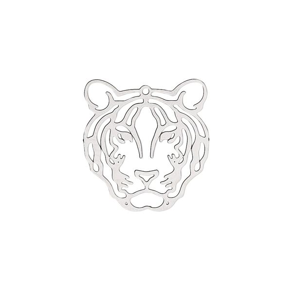 Charm, Lazer Lace™, stainless steel, 20x19mm single-sided domed tiger. Sold per pkg of 4. image number 0