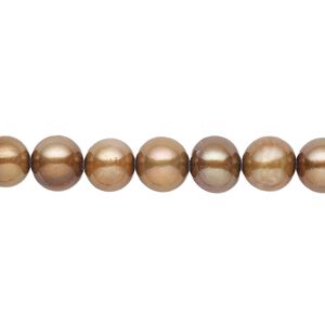 Pearl, cultured freshwater (dyed), iris gold, 7-8mm semi-round with 0.4-0.6mm hole, D grade, Mohs hardness 2-1/2 to 4. Sold per 15-inch strand.