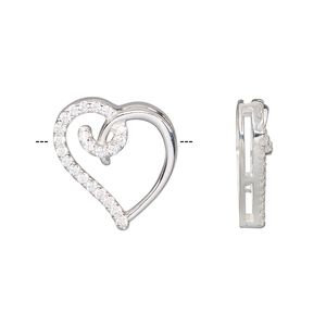 Slide, sterling silver and cubic zirconia, clear, 17mm single-sided open heart, 4x1mm hole. Sold individually.