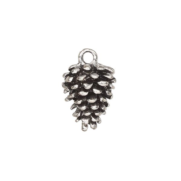 Charm, antique silver-finished "pewter" (zinc-based alloy), 16x12.5mm 3D pinecone. Sold per pkg of 4. image number 0