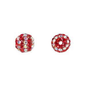 Bead, Egyptian glass rhinestone / epoxy / resin, red and clear AB, 10mm round with pavé striped design. Sold individually.