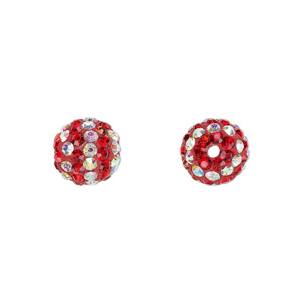 Bead, Egyptian glass rhinestone / epoxy / resin, red and clear AB, 10mm round with pavé striped design. Sold individually. image number 0