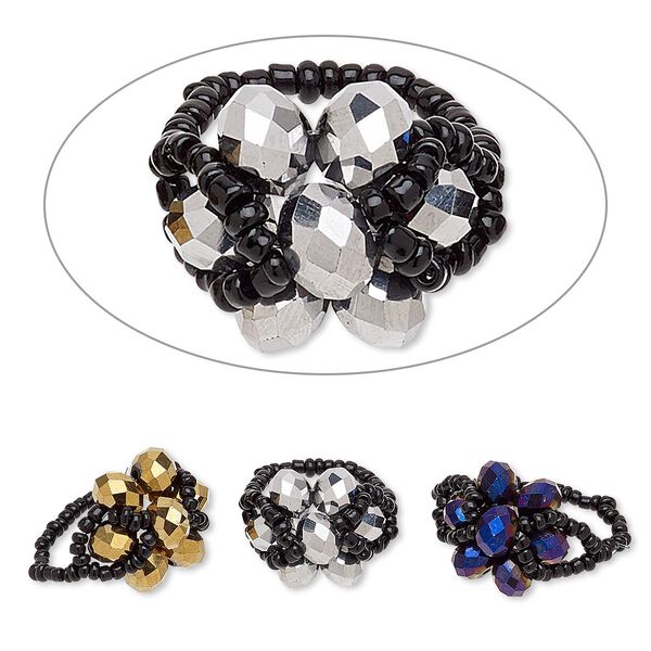 Ring, stretch, glass, assorted colors and finishes, 20x18mm-21x19mm flower, size 8-10. Sold per pkg of 3. image number 0
