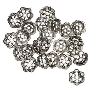Bead cap, antique silver-finished brass, 15x5mm beaded flower, fits 14-16mm beads. Sold per pkg of 24.