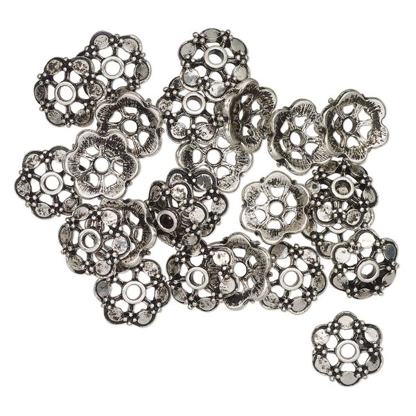 Bead cap, antique silver-finished brass, 15x5mm beaded flower, fits 14-16mm beads. Sold per pkg of 24. image number 0