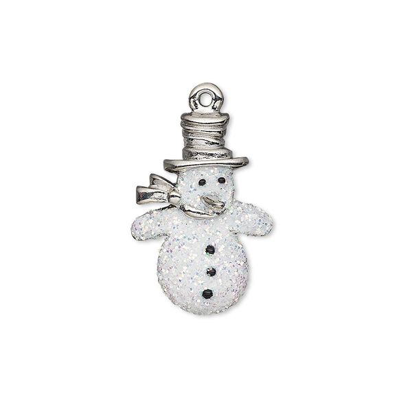 Charm, enamel and imitation rhodium-plated "pewter" (zinc-based alloy), white and black with glitter, 22x15mm single-sided snowman. Sold individually. image number 0