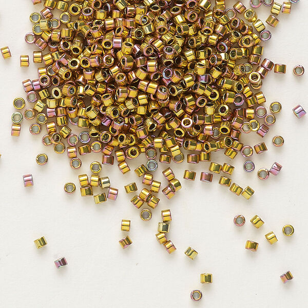 Seed bead, Delica®, glass, pkg/50g, #11 round, opaque 24Kt Lt. gold-plated iris pink (DB-0507). image number 0