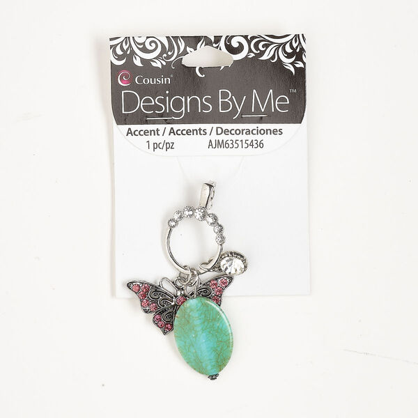 Pendant, silver-finished steel / glass / acrylic, pink / clear / green, 2-3/4 inches with hinged bail. Sold individually. image number 0