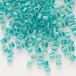 Seed bead, Delica®, glass, pkg/50g, #8 round, translucent teal green-lined luster crystal clear (DBL-0904).