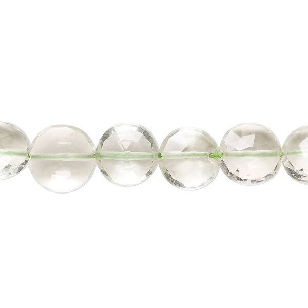 Bead, green quartz (heated), 8-10mm hand-cut faceted puffed flat round with 0.4-1.4mm hole, B- grade, Mohs hardness 7. Sold per 7-inch strand. image number 0