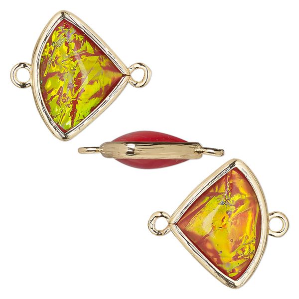 Link, Opalized Ice™, "opal" (resin) and gold-finished brass, orange, 19x15mm double-sided fan. Sold per pkg of 4. image number 0