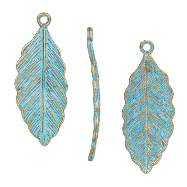 Charm, antique brass-finished pewter (tin-based alloy), blue patina, 28.5x12.5mm 3D curved leaf. Sold per pkg of 10. image number 0