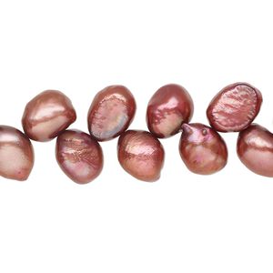 Pearl 1pkg1, cultured freshwater, herringbone-drilled flat-sided rice C grade, 15 inch 8x5mm-11x7mm dyed scarlet