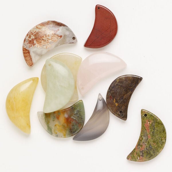 Multi-gemstone 1pkg10, top-drilled puffed / flat moon drop mix 23x14mm-31x16mm image number 0