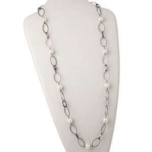 Necklace, gunmetal-plated brass and glass pearl, white, 12mm round with interlocking oval links, 34 inches with lobster claw clasp. Sold individually.