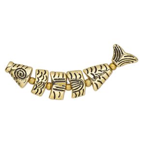 Bead, antique gold-plated "pewter" (zinc-based alloy), 43x9mm double-sided fish. Sold per 6-piece set.