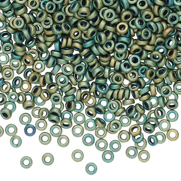 Seed bead, Miyuki, glass, pkg/10g, 3x1.3mm spacer rondelle, opaque matte metallic iris green patina, (SPR3-2008). image number 0