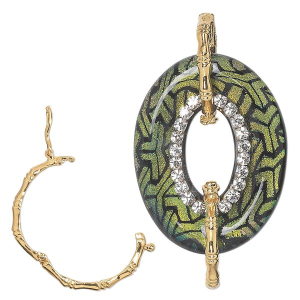 Focal, dichroic glass / Czech rhinestone / gold-finished brass, black / green / yellow / clear, 40x30mm single-sided oval donut with "Y" design and twister clasps. Sold individually. image number 0