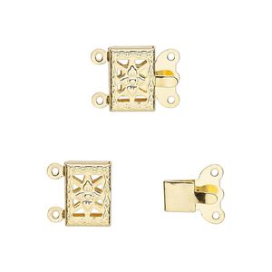 Clasp tab 1pkg10, 10x7mm square, gold-finished brass 2-strand