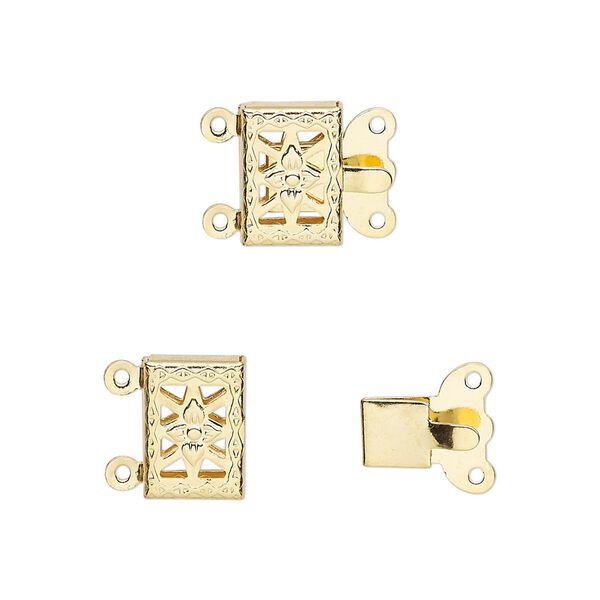 Clasp, 2-strand tab, gold-finished brass, 10x7mm filigree square with flower. Sold per pkg of 10. image number 0