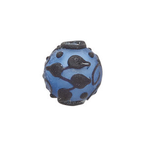 Bead, lampworked glass, opaque matte blue and black with leaf and swirl design, 18mm round. Sold individually.