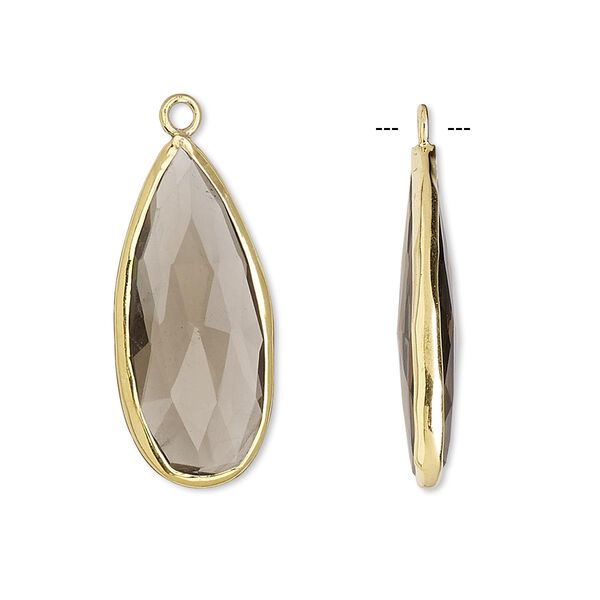 Drop, smoky quartz (heated / irradiated) and gold-finished sterling silver, 27x12mm double-sided faceted teardrop. Sold per pkg of 2. image number 0