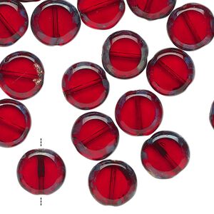 Bead, Czech pressed glass, pkg/25, travertine translucent dark red, 10mm puffed flat round.
