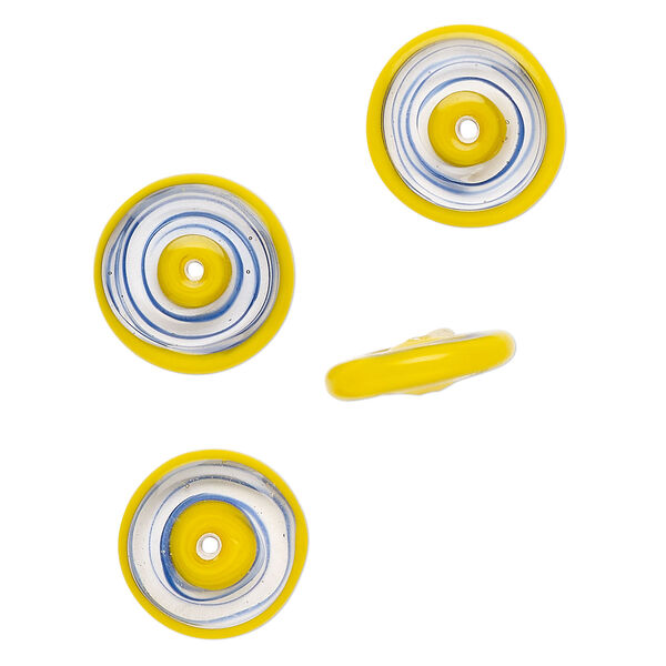 Bead, lampworked glass 1pkg4, clear / opaque yellow / blue, 18x6mm coin. image number 0