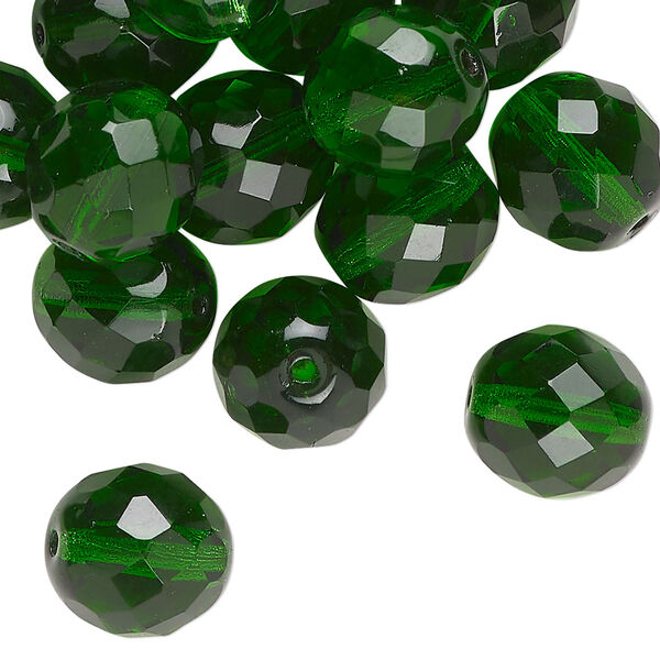 Bead, Czech fire-polished glass, transparent green, 12mm faceted round. Sold per 2-ounce pkg, approximately 27 beads. image number 0