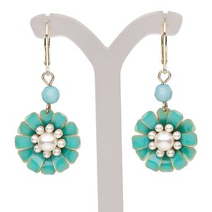 Earring, enamel / acrylic pearl / gold-finished brass / steel, teal and white, 48mm with flower and leverback ear wire. Sold per pair.