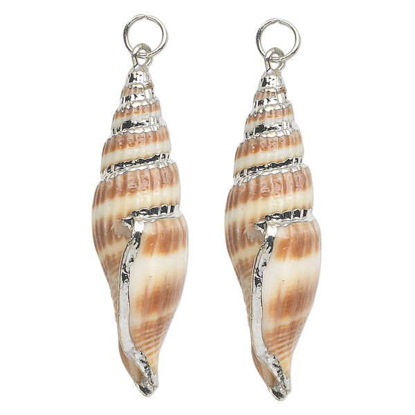 Focal, miter shell (natural) and silver-plated steel, white / cream / brown, 40x12mm. Sold per pkg of 2. image number 0