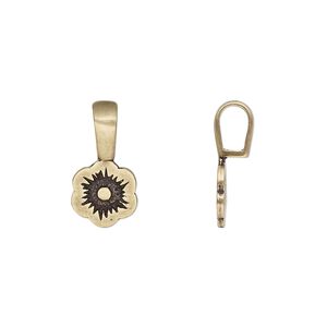 Bail, JBB Findings, glue-on, antiqued brass, 17x9mm with 9.5x9mm flower flat base. Sold per pkg of 2.