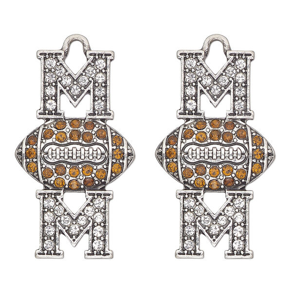 Focal, antique silver-finished "pewter" (zinc-based alloy) and glass, clear and brown, 31x18mm single-sided mom and football. Sold per pkg of 2. image number 0