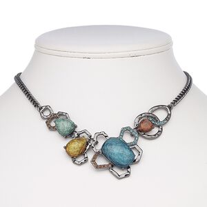 Necklace, glass rhinestone / resin / black-plated steel / "pewter" (zinc-based alloy), multicolored, 16 inches with 2-inch extender chain and lobster claw clasp. Sold individually.