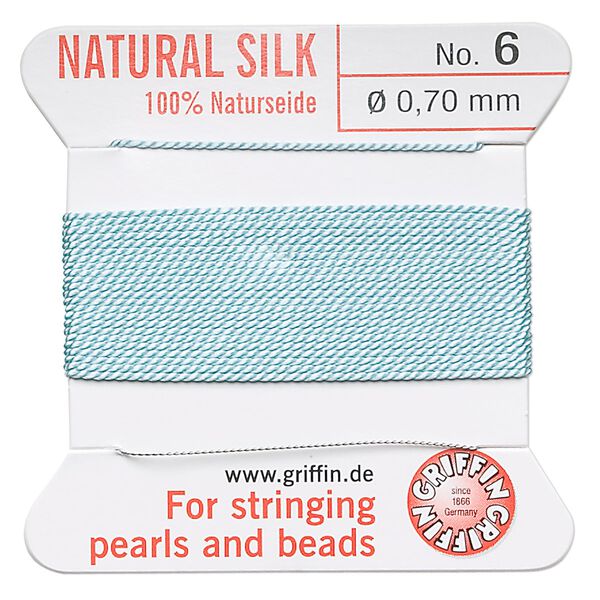 Thread, Griffin, silk, turquoise blue, size #6. Sold per 2-meter card (approximately 78 inches). image number 0